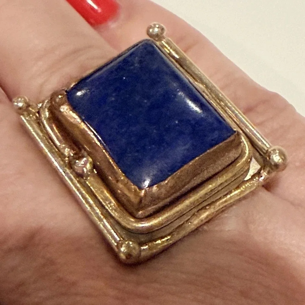 Lapis Lazuli Blue‎ Stone Two-Tone Statement Cocktail Ring Sz 7 Geometric Modern